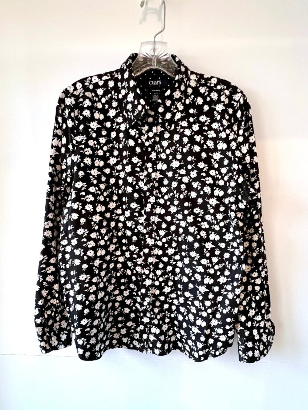 Women's CHAPS No Iron Shirt, Button-up, Black and White floral Pattern, Petite L